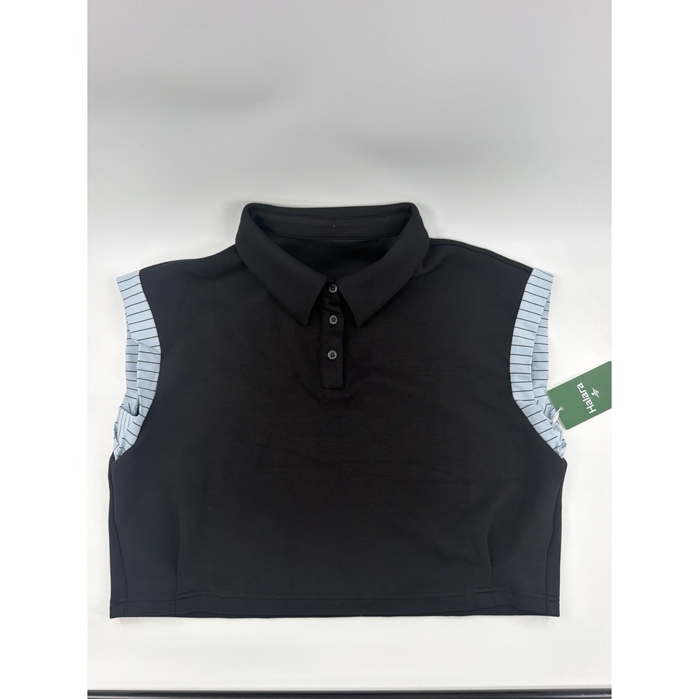 Halara Womens Cropped Sleeveless Polo Shirt Black Blue Striped Ruffle Size M NEW